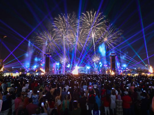 People enjoy fireworks on the occasion of Diwali at Dubai Festival City. 