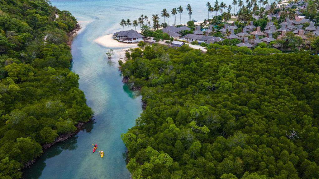 Eco-conscious can “travel sustainable” at SAii Phi Phi Island Village, which is surrounded by lush mangroves and crystal-clear seas.